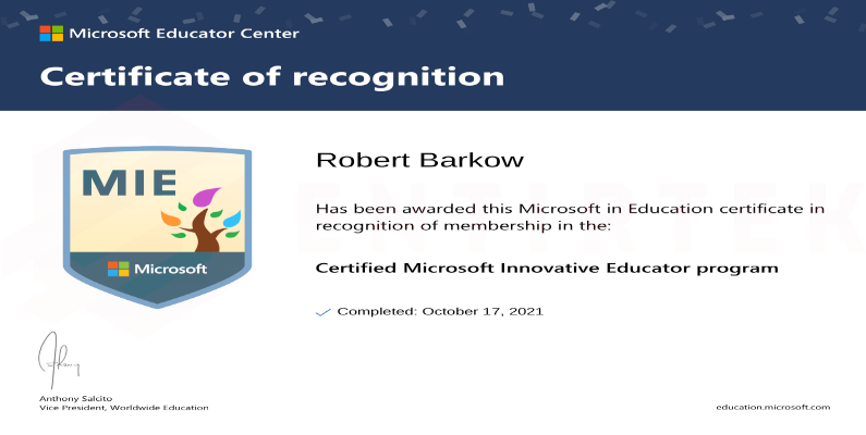 Entirtek Microsoft Innovative Educator certification